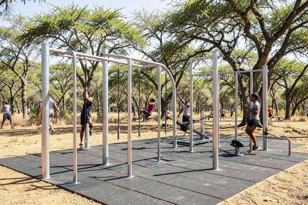 Outdoor calisthenics gym stations on rubber surfacing in a park